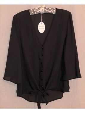 Kancystore M Black Button Front V-Neck Bell Quarter Sleeve Tie Front Blouse